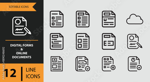 Collection of digital forms and online document line icons for web and mobile interfaces isolated on white background