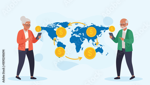 Elderly couple using mobile banking on their smartphones to complete an international money transfer across a world map graphic.