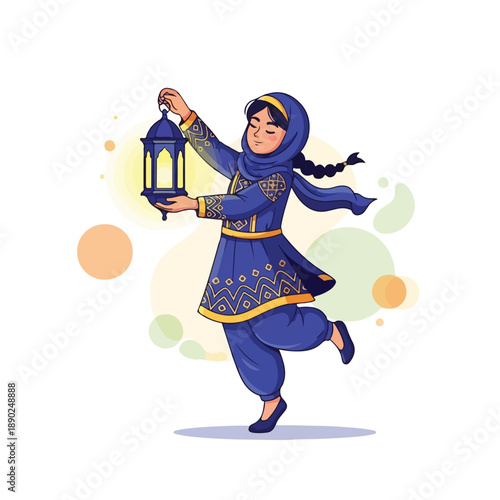Girl in traditional outfit holding lantern in joyful dance