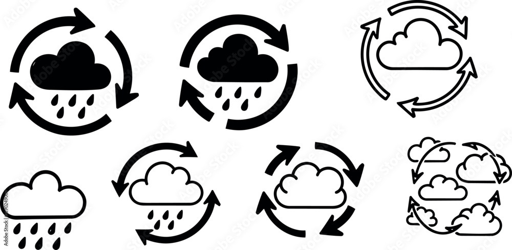Fototapeta premium Set of flat design cloud and rain icons with circular arrows showing weather cycle and precipitation process in simple style