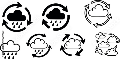 Set of flat design cloud and rain icons with circular arrows showing weather cycle and precipitation process in simple style