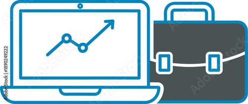 Business professional laptop computer and briefcase with growth chart graph on screen, symbolizing success and career development in modern office setting