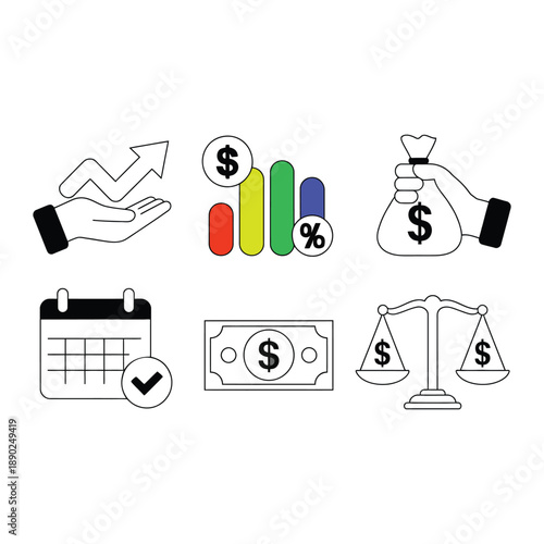 Financial management icon set, vector icons representing income growth strategy, investment return, fundraising, revenue increase, interest calculation, loan repayment and balanced budget for corporat