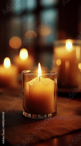 A close-up shot of a single lit candle in a clear glass holder, casting a warm glow on a wooden surface, with other blurred candles in the background creating a cozy ambiance.