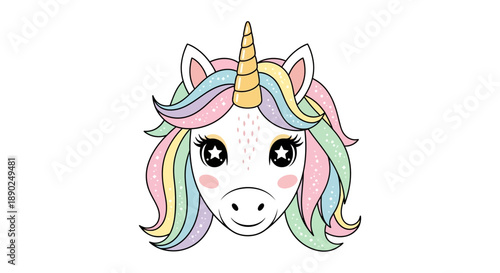 A cartoon unicorn face with a colorful mane and sparkle eyes is viewed directly from the front in a simple illustration style