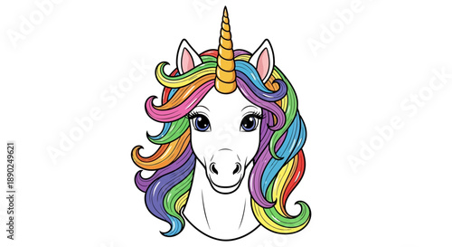 A vibrant illustration of a unicorn's face with a colorful mane viewed from the front in a fantasy setting
