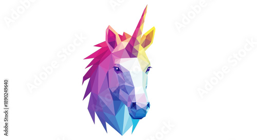 A vibrant, low-poly unicorn face with colorful mane and horn, illustration style, profile view