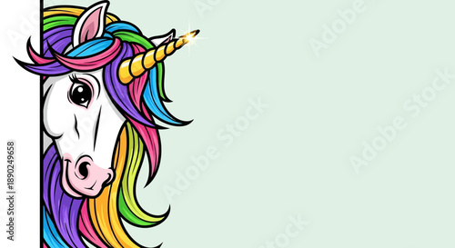 A vibrant, colorful illustration of a unicorn's face peeking from behind a corner, showcasing its majestic mane and horn, in a playful, whimsical style.