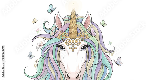 A majestic unicorn's face surrounded by butterflies and flowing mane illustration