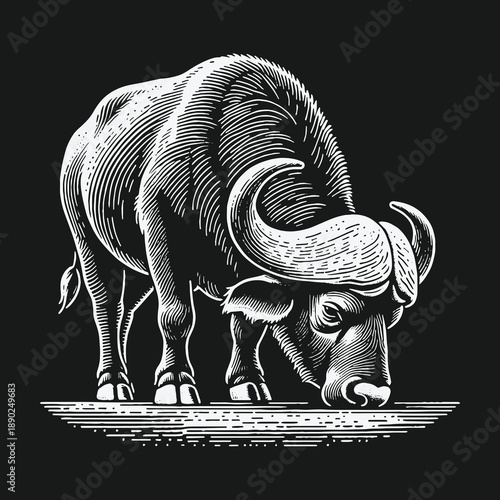 Engraved Buffalo Grazing: A Detailed Black and White Illustration.