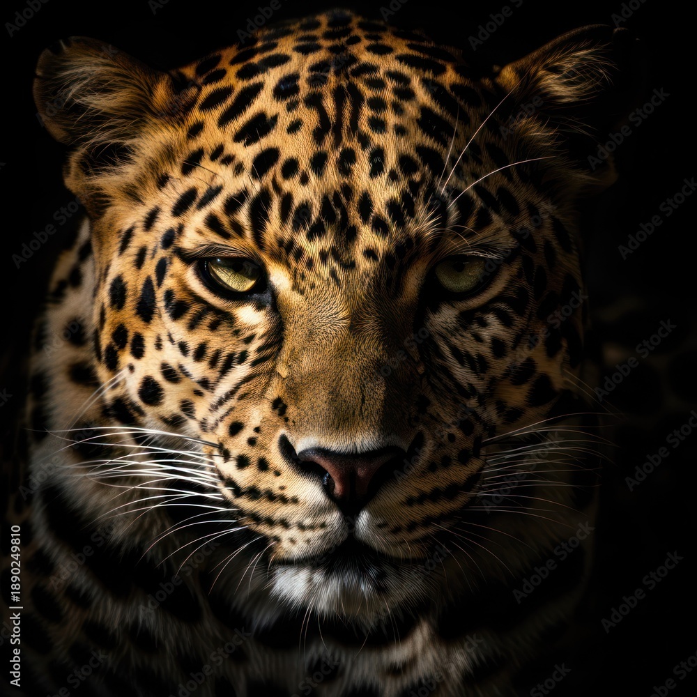 Obraz premium A close-up portrait of a leopard with intense eyes and a focused gaze, set against a dark background.