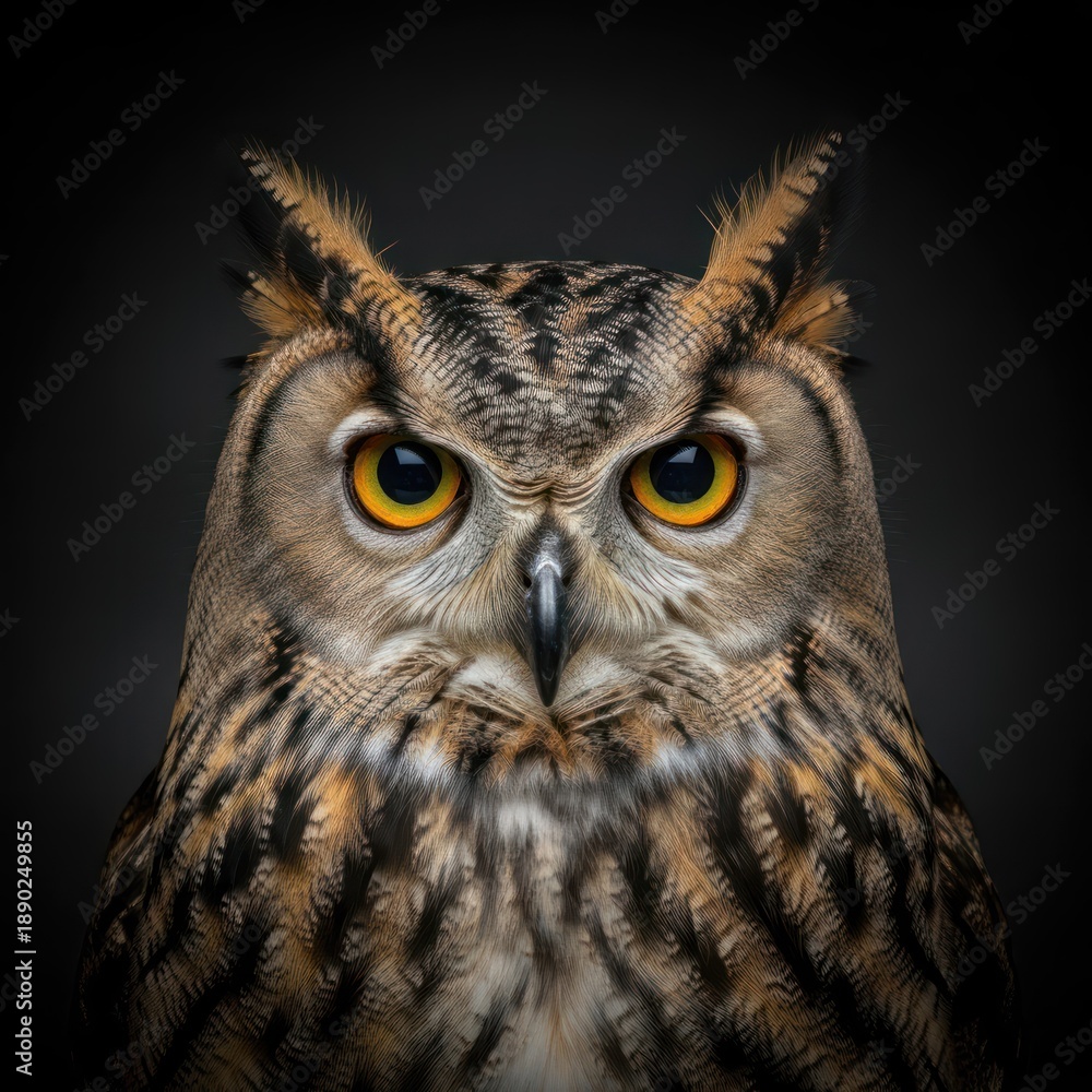 Obraz premium A close-up portrait of a Great Horned Owl with intense yellow eyes, set against a dark background.
