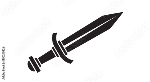 A detailed illustration of a dagger with a sharp blade and ornate hilt displayed on a plain background from a straightforward viewpoint