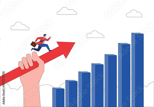 Business Support and Growth Strategy Concept Illustration with Businessman Running on Rising Arrow Held by HandBusiness Support and Growth Strategy Concept Illustration with Businessman Running on Ris