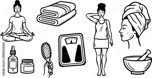 Minimalist black and white line art woman meditating and stretching with beauty and wellness icons around