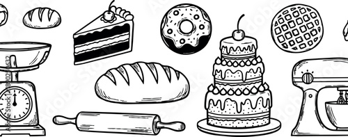 Hand drawn black and white bakery ingredients and tools illustration with loaf, cake slice, donut, rolling pin, mixer, and scale elements