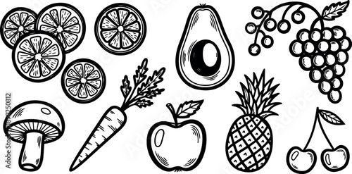 Black and white sketch style hand drawn collection of avocado pineapple carrot apple cherries grapes orange slices and mushroom