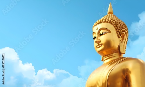 Golden Buddha Statue Against Blue Sky with Clouds, Spiritual Peace and Enlightenment Concept
