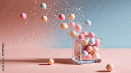 Colorful candy balls flying from glass container on pastel background motion dessert and sweet food concept