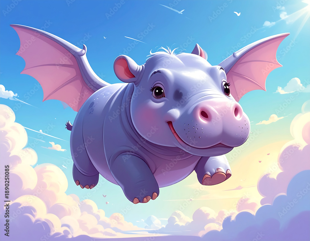 Fototapeta premium Smiling cartoon hippo with pink wings flying through fluffy clouds under a bright sunny sky