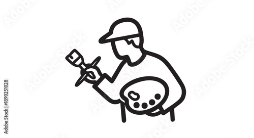 Artist creating artwork with palette and camera in a studio environment from a close-up viewpoint