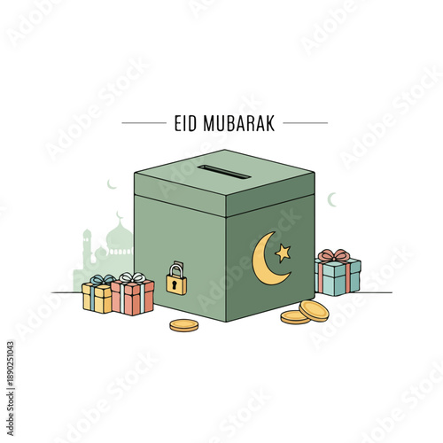 Eid Mubarak charity box with gifts and coins on white background
