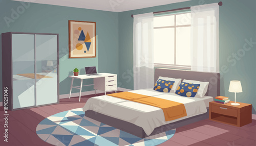  Bedroom Interior with Bed and Nightstand Illustration