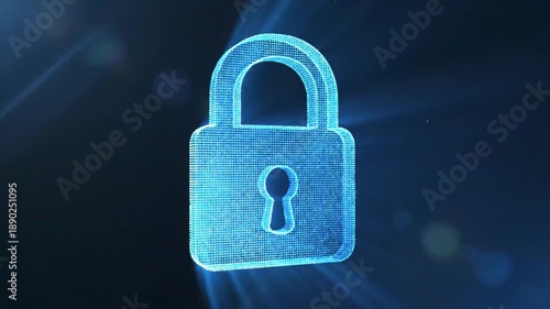 Digital padlock formed from glowing blue particles on dark background
