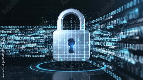 Digital padlock with binary code streams, cyber security concept