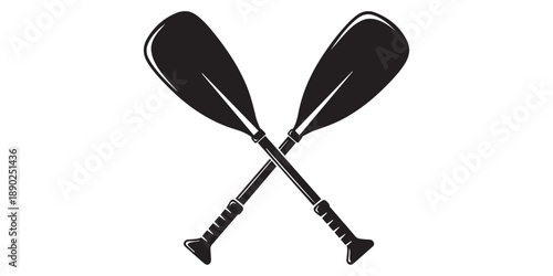 Two crossed oars vector icon. Two black Kayak or canoe paddle silhouette. Rowing paddles sign. Plastic oars. Water sport. River rafting. Symbol isolated on white background.