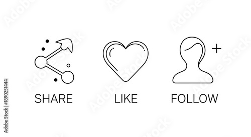 Simple line icons representing social media interactions, including share, like, and follow buttons, on a clean white background from a straightforward viewpoint.