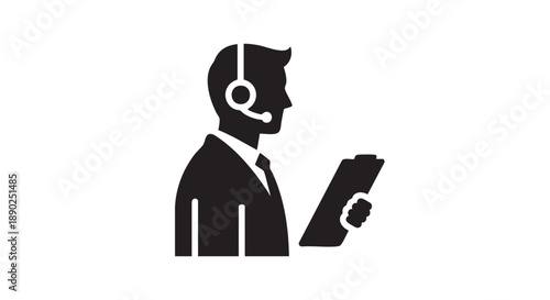 A professional man wearing a headset and holding a tablet, illustration of a customer service representative