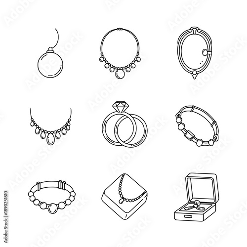 Minimal jewelry icon collection in editable stroke line vector style with pearl, necklace, brooch, wedding rings, bracelet, accessories, jewelry box