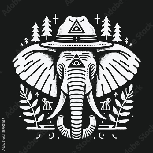 Elephant with Hat and Eye Symbol Illustration.