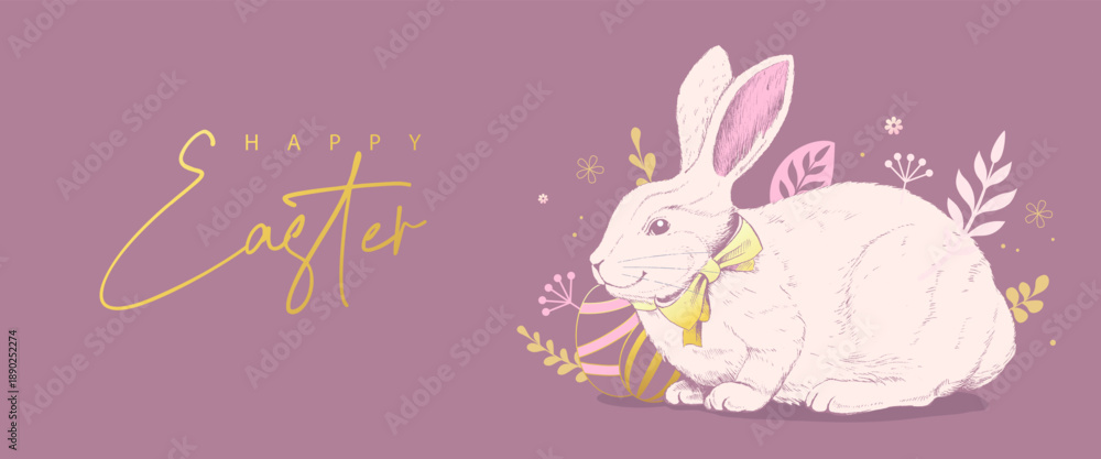 Obraz premium Happy Easter poster or greeting card with rabbit, floral decorative elements and Easter eggs on pink background. Vector illustration