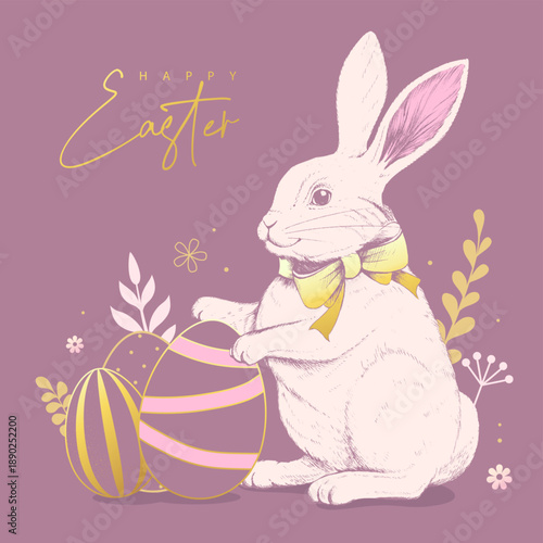 Happy Easter poster or greeting card with rabbit, floral decorative elements and Easter eggs on pink background. Vector illustration