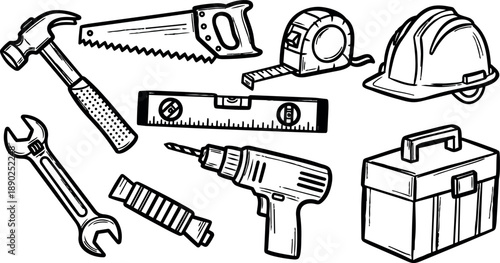 Black and white line art set of construction tools including hammer saw wrench power drill tape measure hard hat level and toolbox