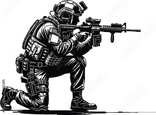 Tactical soldier illustration, kneeling pose, rifle aiming, combat gear, military clipart, black and white drawing, modern warfare, armed forces graphic