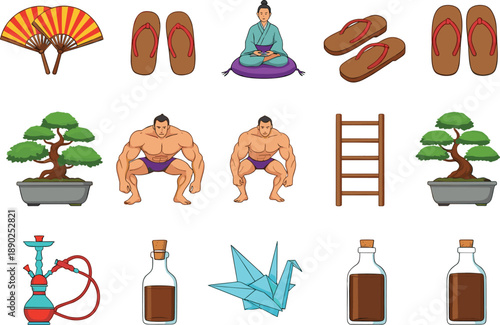 Collection of Japanese and Oriental Culture Icons Featuring Sumo Wrestlers, Bonsai Trees, Zen Meditation, and Traditional Accessories