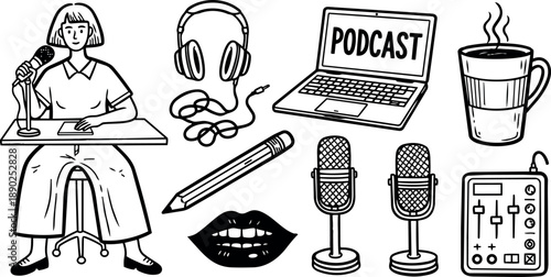 Black and white vector art woman speaking in microphone with headphones laptop showing podcast and audio equipment cup of coffee