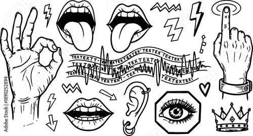 Hand drawn line art collection of lips with tongue, open mouth, eye, ear, hand gestures including okay and middle finger with crown and wave lines