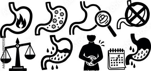 Black and white vector icons depicting stomach pain burning infection magnifying glass no acid reflux balance scale and calendar tracking symptoms