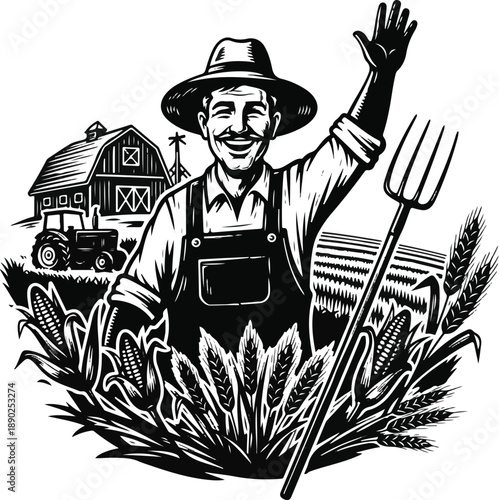 Happy Farmer Waving in Corn Field with Barn and Tractor, Vintage Woodcut Style Vector Illustration
