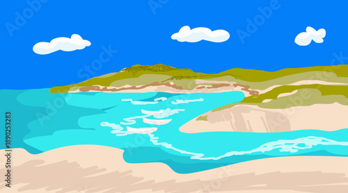 Beautiful Sea Panorama Beach Coast Bay Ocean Landscape vector hand drawn  illustration.