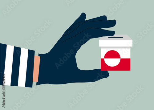 Voting in Greenland. Thief stealing vote, burglar with paper ballots to election box. Vector illustration 