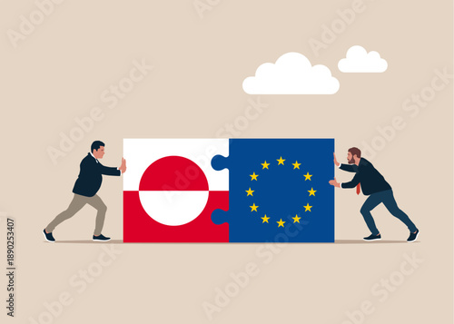 Bilateral political relations. Oil industry, energy resources, economic. Businessmen connect Greenland and European Union flags. Flat vector illustration.