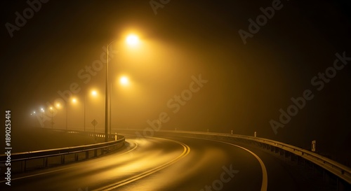 Foggy Road Illuminated by Streetlights at Night.