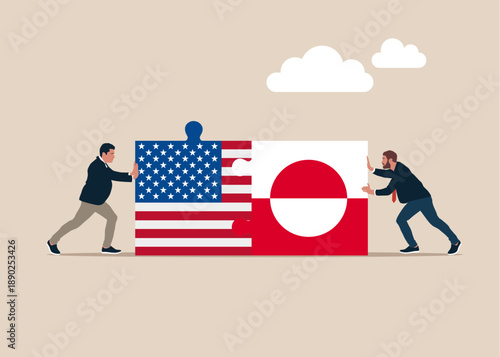 Bilateral political relations. Oil industry, energy resources, economic. Businessmen connect Greenland and USA flags. Flat vector illustration.