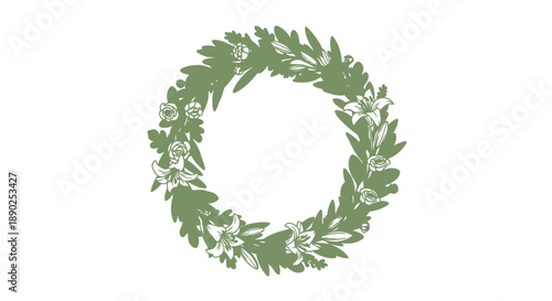 green floral wreath with white flowers