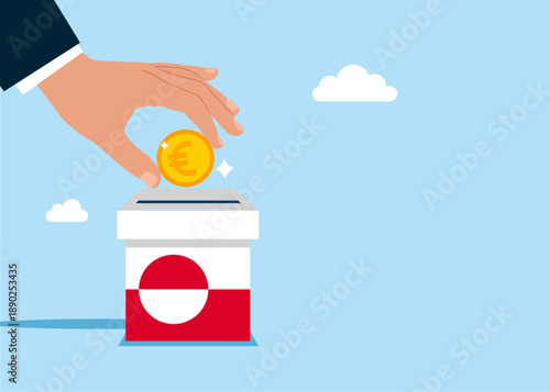 Financing Greenland. Hand putting coin a piggy bank euro money savings Greenland. Modern vector illustration in flat style